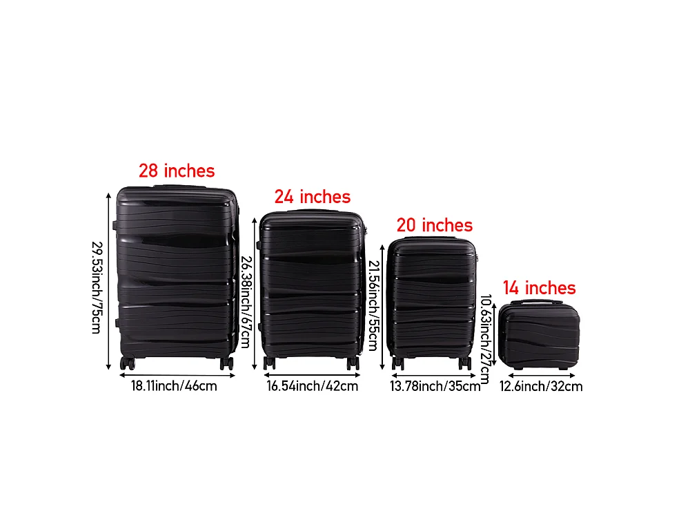 Black 4 Piece PP Hardshell Luggage Set with Spinner Wheels 14 20 24 and 28 Inch