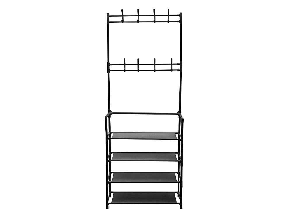 4-Tier Black Metal Coat Rack with Hooks and Fabric Shelves - 60 x 158cm
