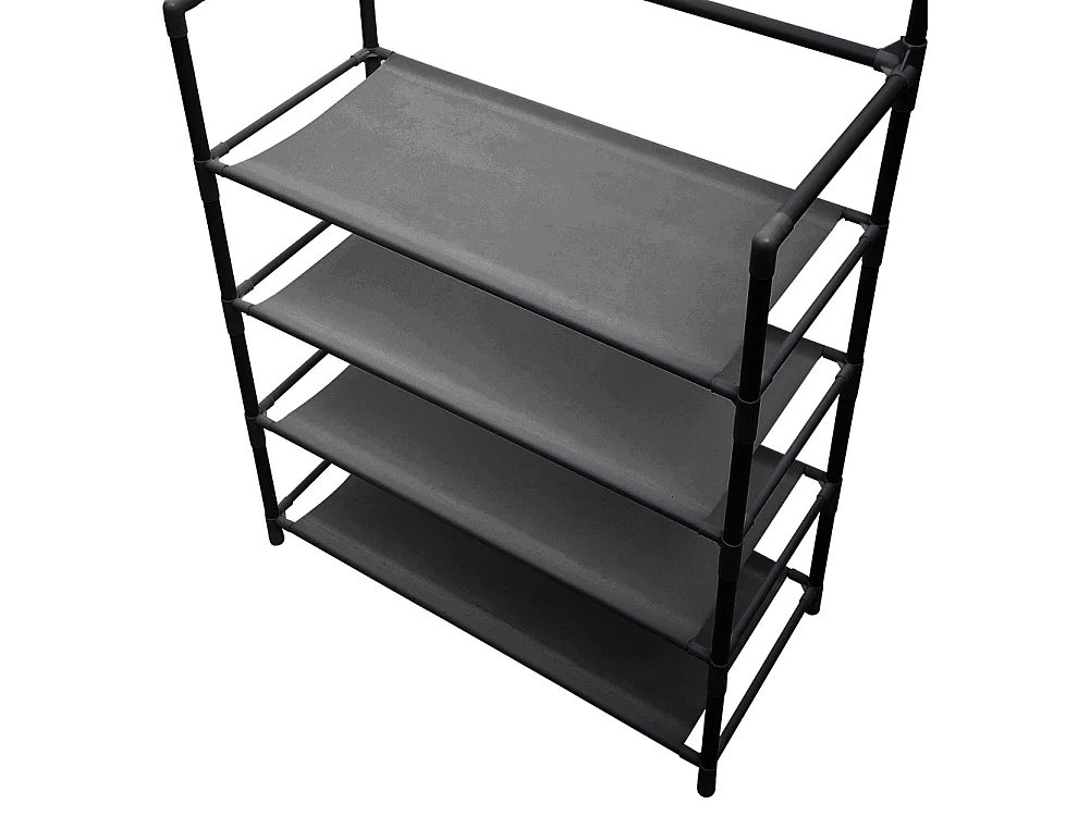 4-Tier Black Metal Coat Rack with Hooks and Fabric Shelves - 60 x 158cm