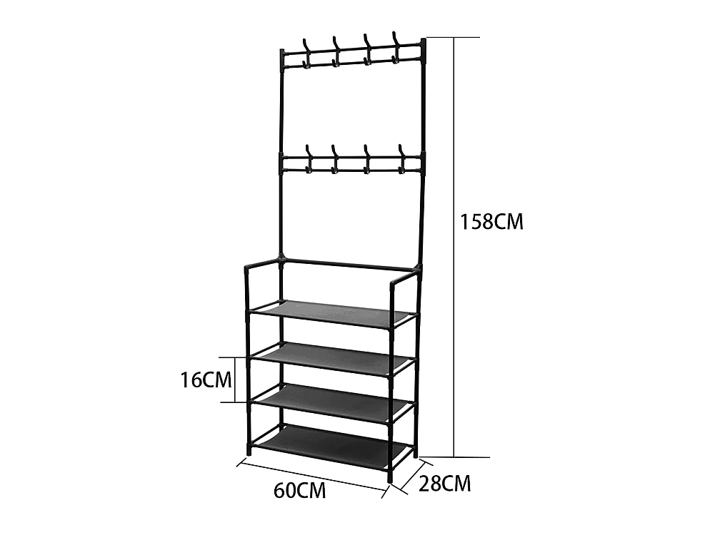 4-Tier Black Metal Coat Rack with Hooks and Fabric Shelves - 60 x 158cm