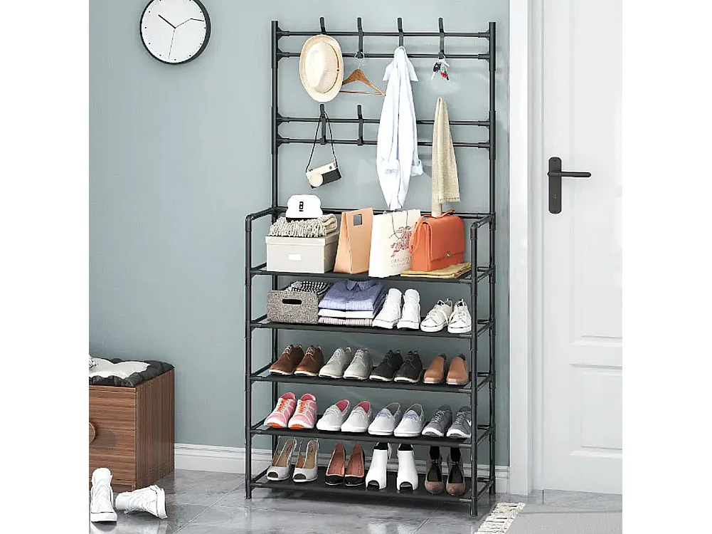 5-Tier Black Metal Coat Rack with Hooks and Fabric Shelves - 80 x 175cm