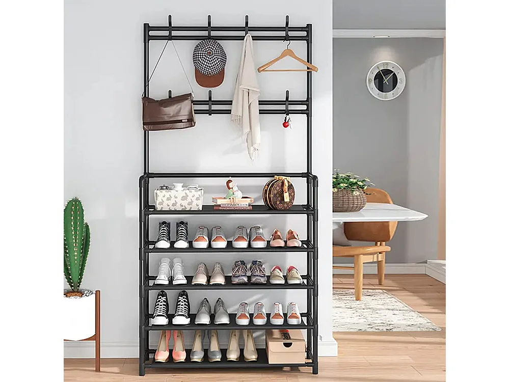 5-Tier Black Metal Coat Rack with Hooks and Fabric Shelves - 80 x 175cm