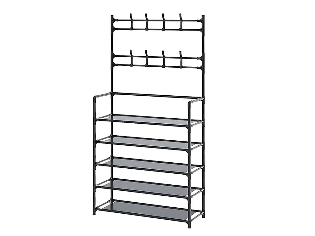 5-Tier Black Metal Coat Rack with Hooks and Fabric Shelves - 80 x 175cm
