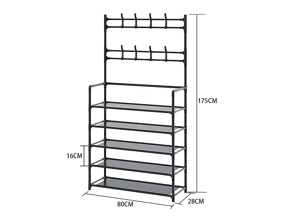 5-Tier Black Metal Coat Rack with Hooks and Fabric Shelves - 80 x 175cm