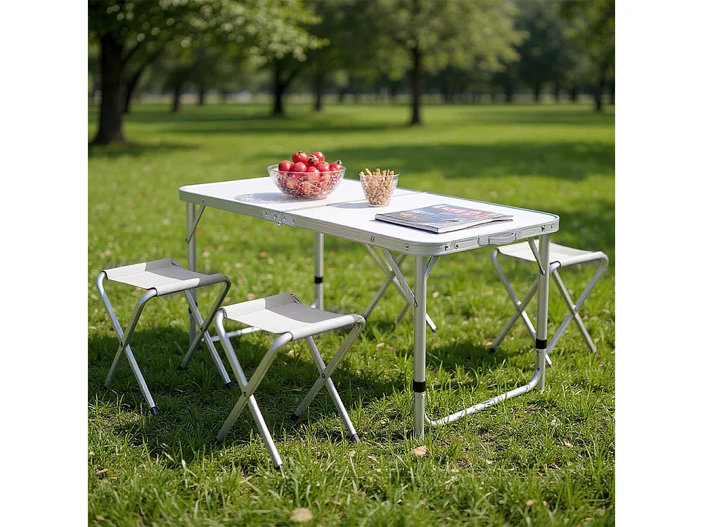 White Height Adjustable Folding Camping Table and 4 Stool Set