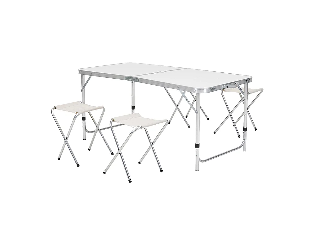 White Height Adjustable Folding Camping Table and 4 Stool Set
