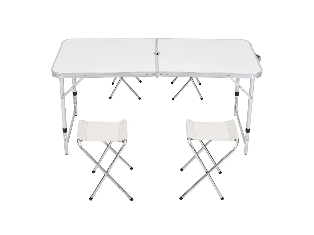 White Height Adjustable Folding Camping Table and 4 Stool Set