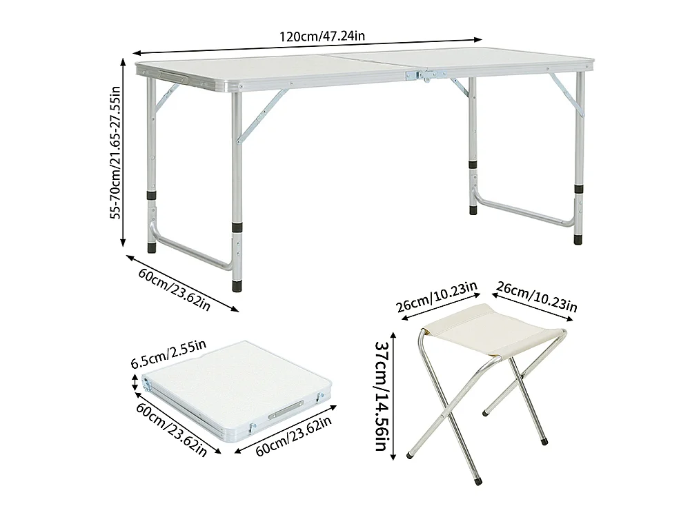 White Height Adjustable Folding Camping Table and 4 Stool Set