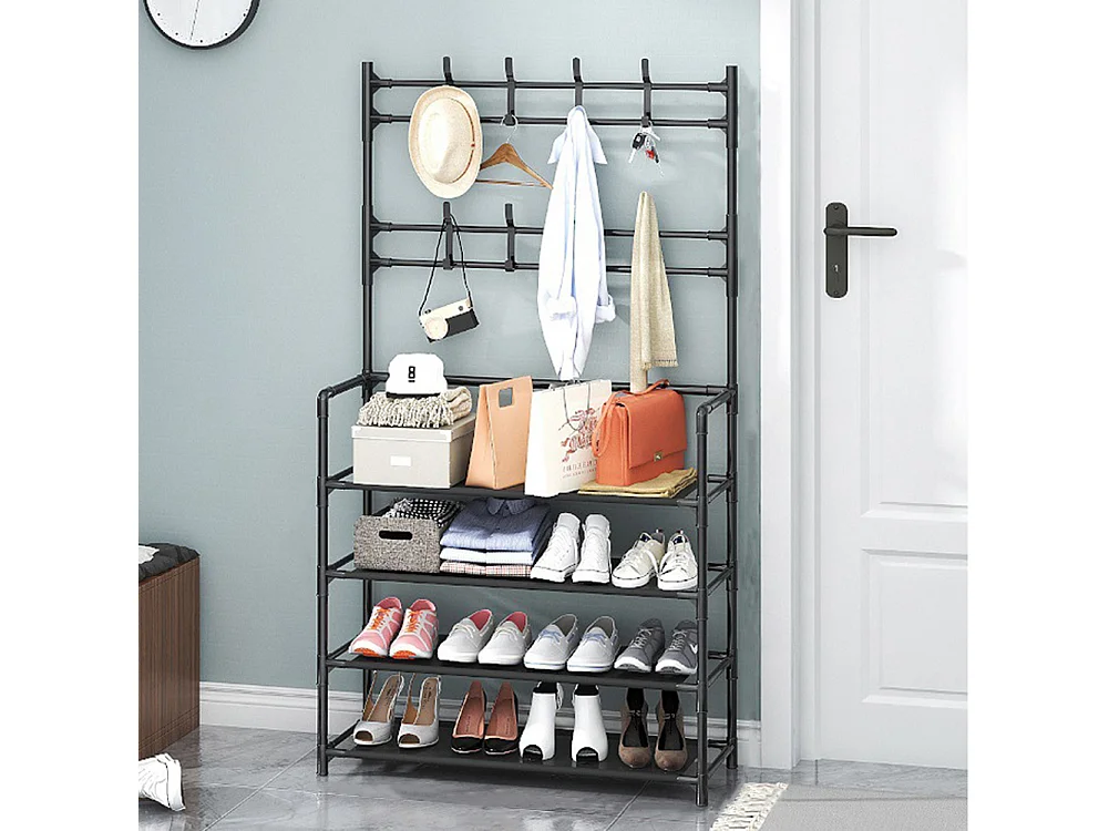 4-Tier Black Metal Coat Rack with Hooks and Fabric Shelves - 80 x 158cm
