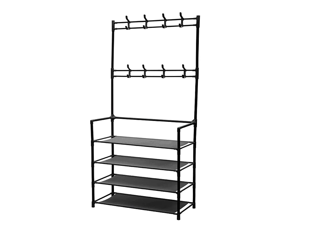 4-Tier Black Metal Coat Rack with Hooks and Fabric Shelves - 80 x 158cm