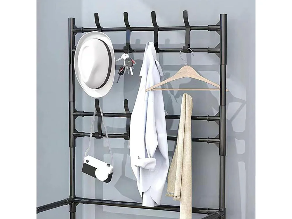 4-Tier Black Metal Coat Rack with Hooks and Fabric Shelves - 80 x 158cm