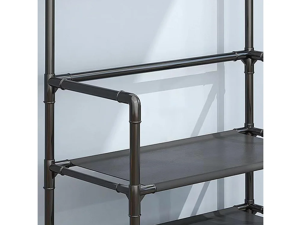 4-Tier Black Metal Coat Rack with Hooks and Fabric Shelves - 80 x 158cm