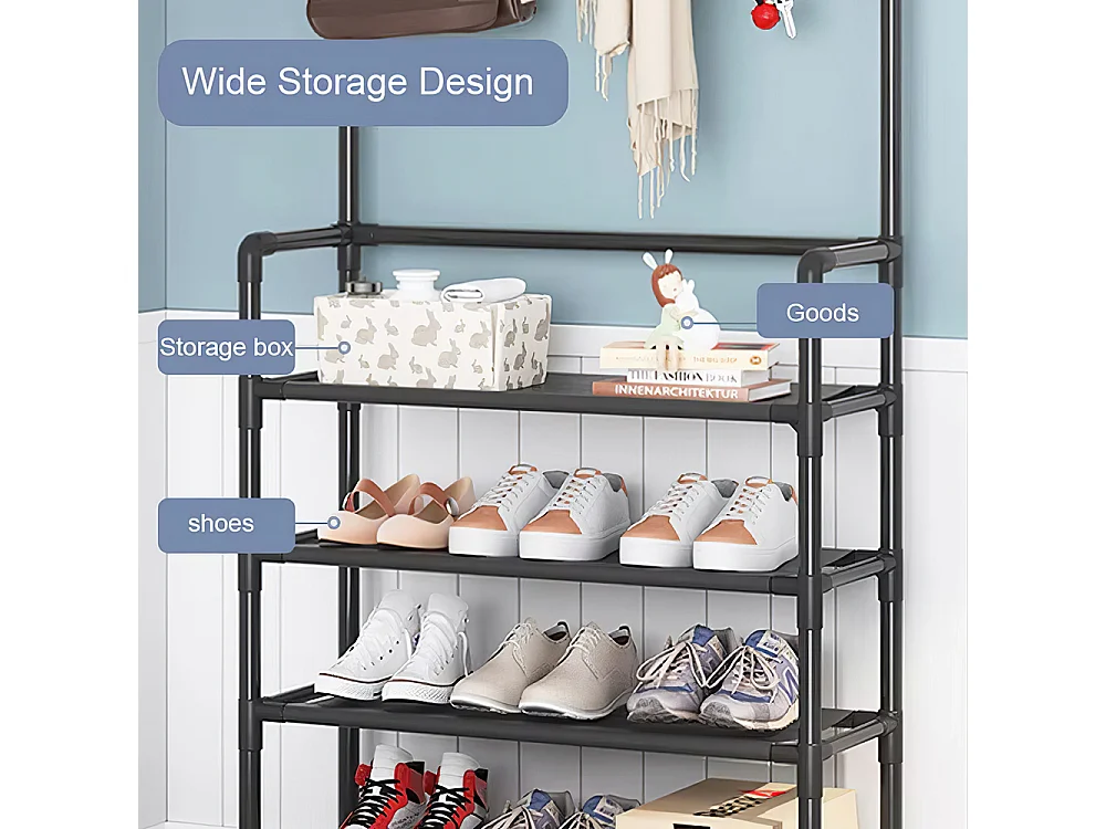4-Tier Black Metal Coat Rack with Hooks and Fabric Shelves - 80 x 158cm