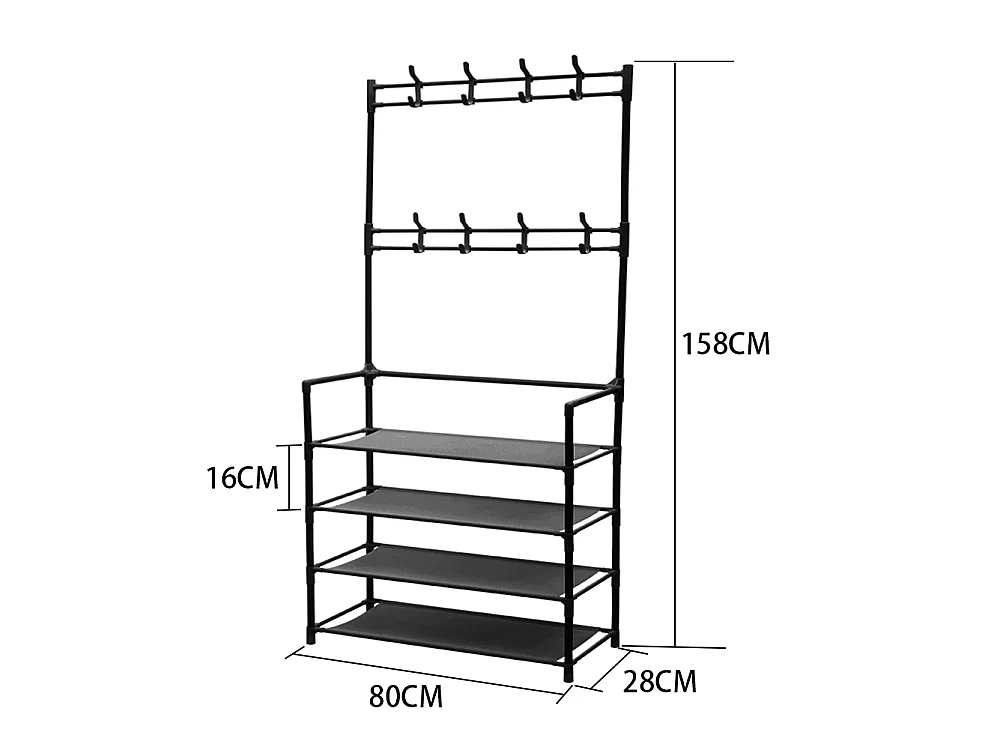 4-Tier Black Metal Coat Rack with Hooks and Fabric Shelves - 80 x 158cm