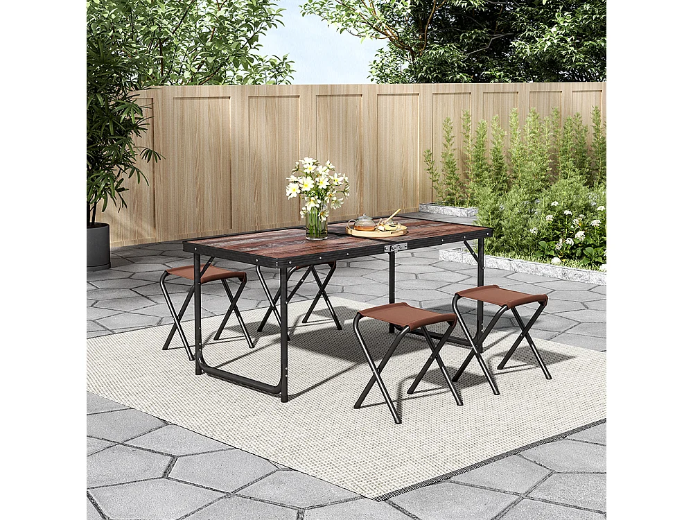 Rustic Brown Folding Camping Table & 4 Stools Set with Parasol Hole 121x61cm