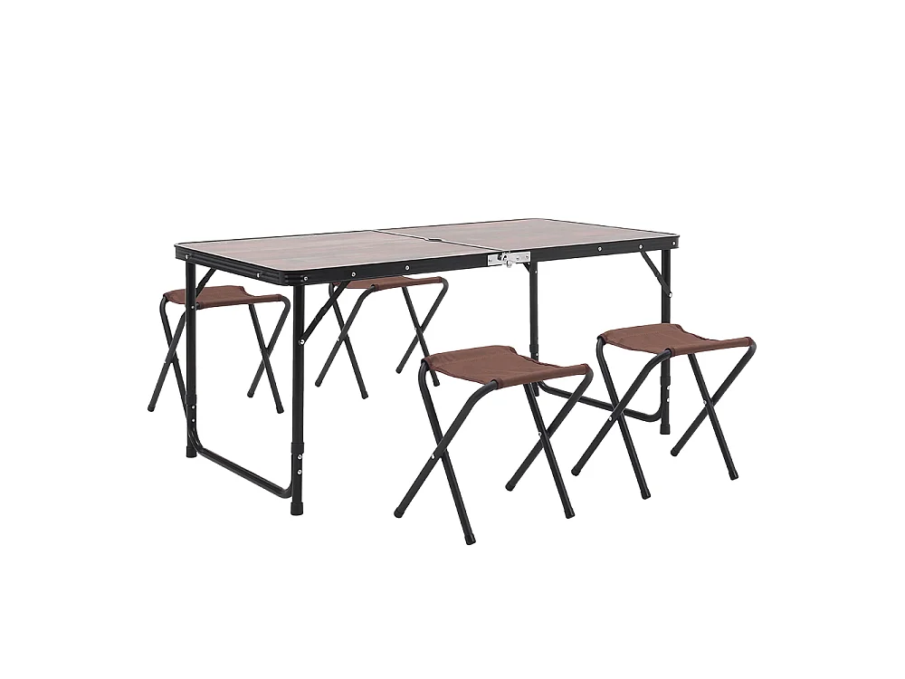 Rustic Brown Folding Camping Table & 4 Stools Set with Parasol Hole 121x61cm