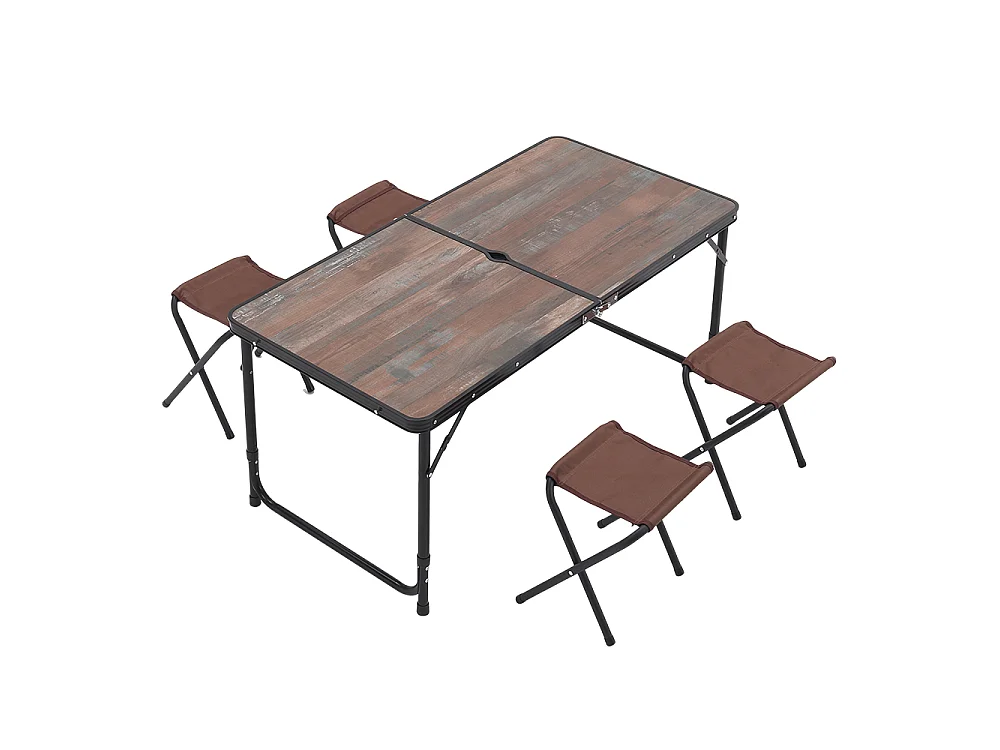Rustic Brown Folding Camping Table & 4 Stools Set with Parasol Hole 121x61cm