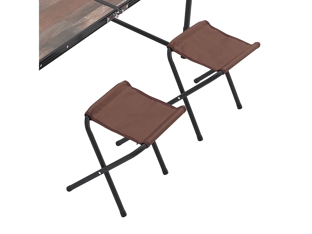 Rustic Brown Folding Camping Table & 4 Stools Set with Parasol Hole 121x61cm