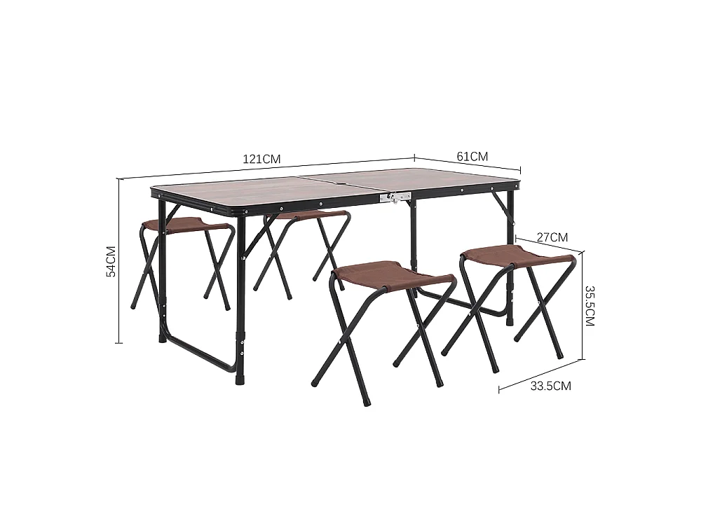 Rustic Brown Folding Camping Table & 4 Stools Set with Parasol Hole 121x61cm