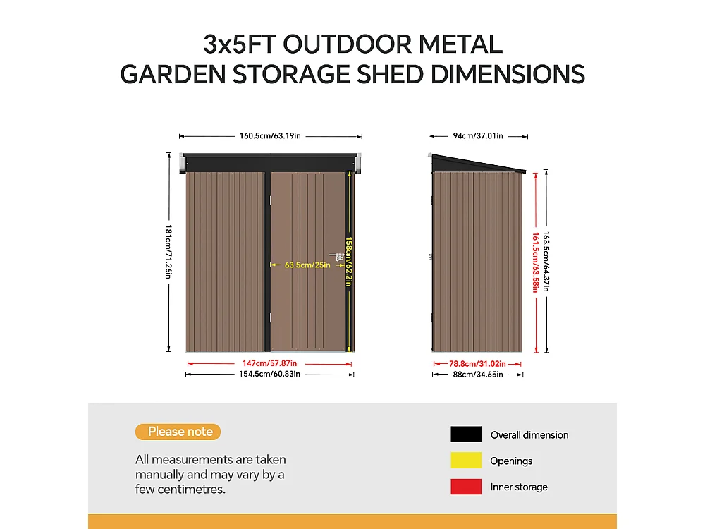 3 x 5.3ft Brown Metal Pent Roof Garden Storage Shed with Lockable Door