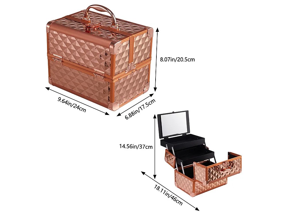 Rose Gold Professional Aluminium Makeup Case with 2 Trays and Mirror