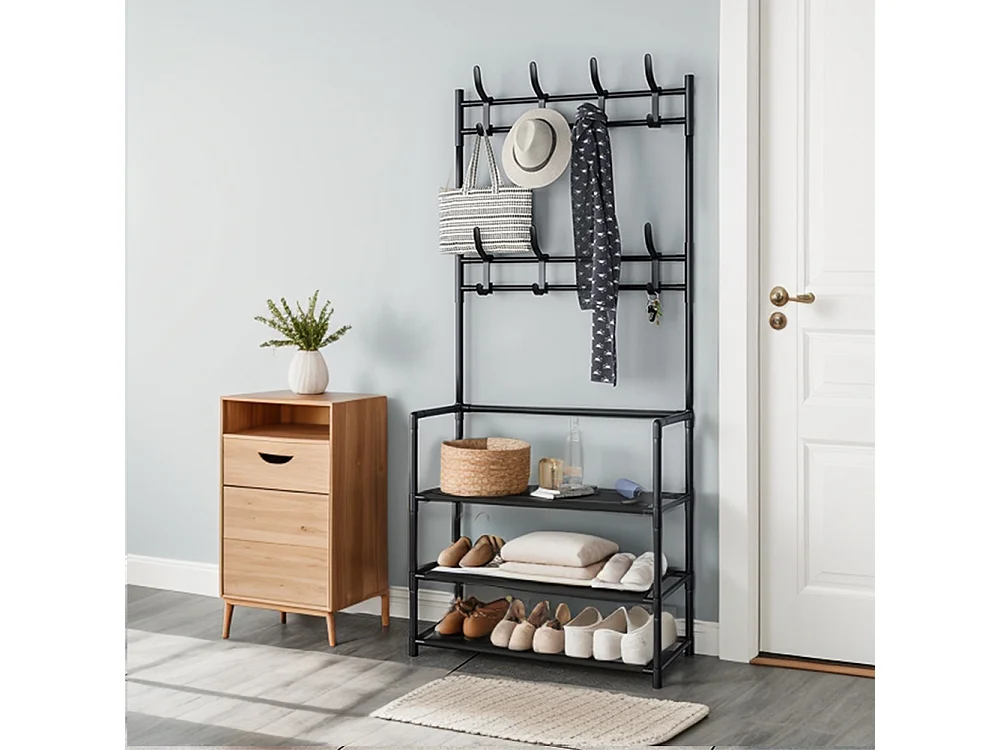 3-Tier Black Metal Coat Rack with Hooks and Fabric Shelves - 60 x 140cm
