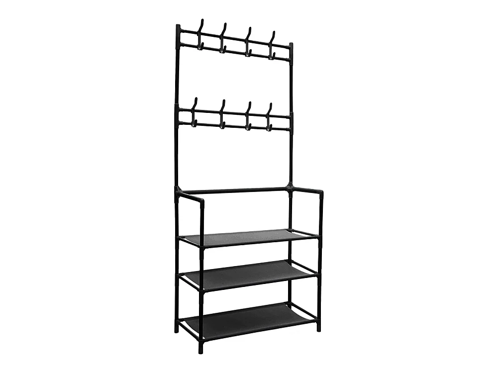 3-Tier Black Metal Coat Rack with Hooks and Fabric Shelves - 60 x 140cm