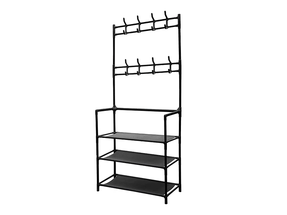 3-Tier Black Metal Coat Rack with Hooks and Fabric Shelves - 60 x 140cm