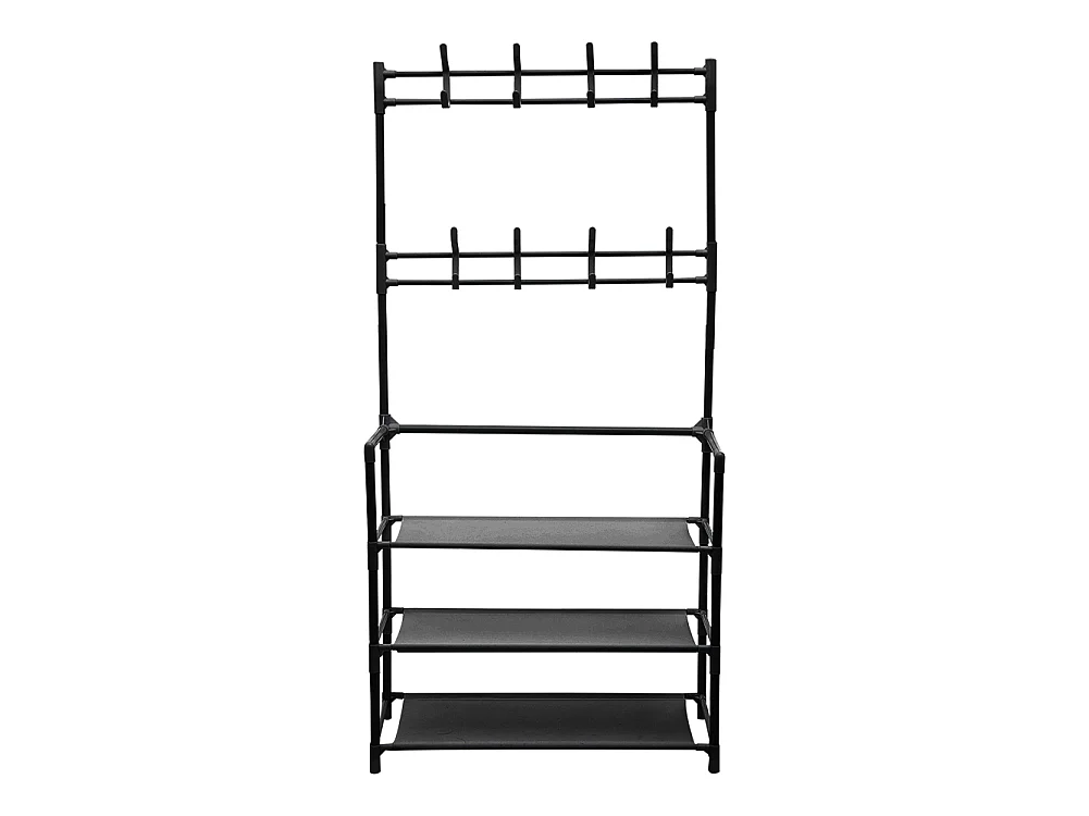 3-Tier Black Metal Coat Rack with Hooks and Fabric Shelves - 60 x 140cm