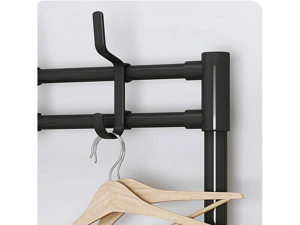 3-Tier Black Metal Coat Rack with Hooks and Fabric Shelves - 60 x 140cm
