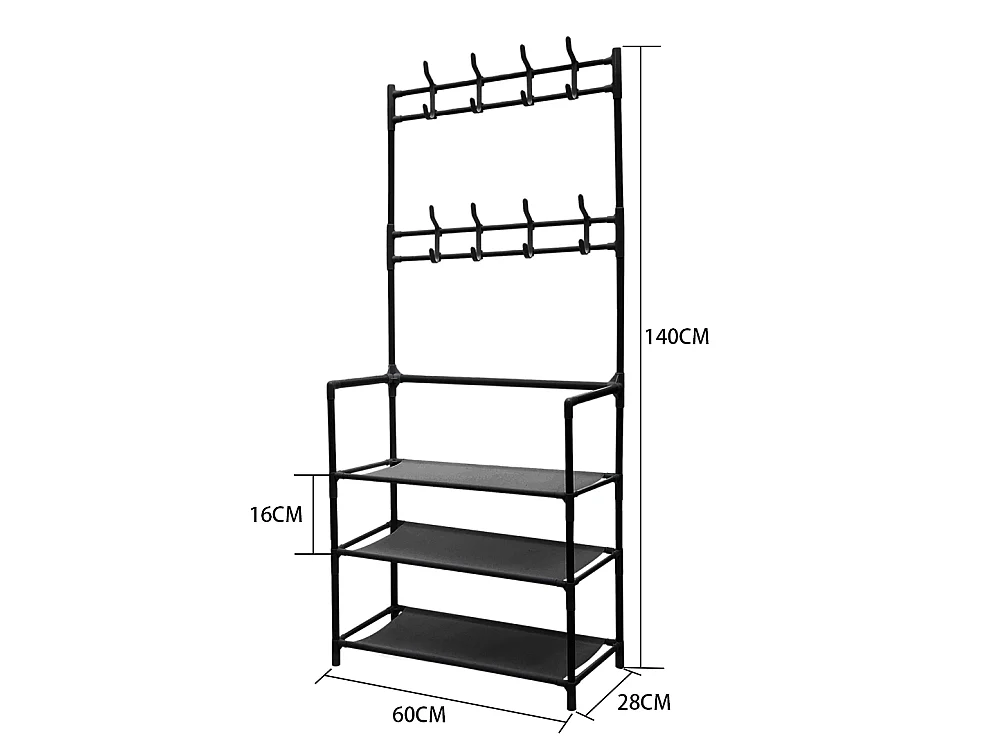 3-Tier Black Metal Coat Rack with Hooks and Fabric Shelves - 60 x 140cm