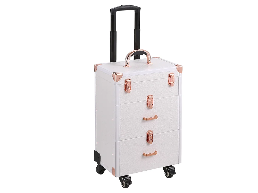 White 3 in 1 Makeup Trolley Case with 2 Drawers and Wheels