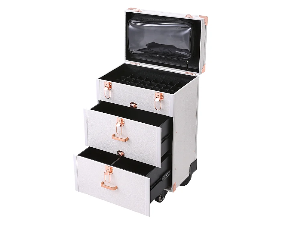 White 3 in 1 Makeup Trolley Case with 2 Drawers and Wheels