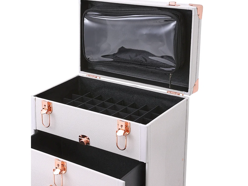 White 3 in 1 Makeup Trolley Case with 2 Drawers and Wheels