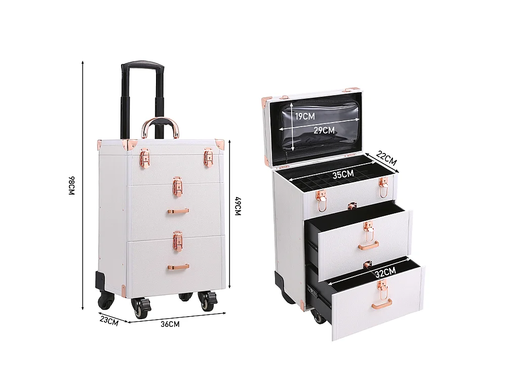 White 3 in 1 Makeup Trolley Case with 2 Drawers and Wheels