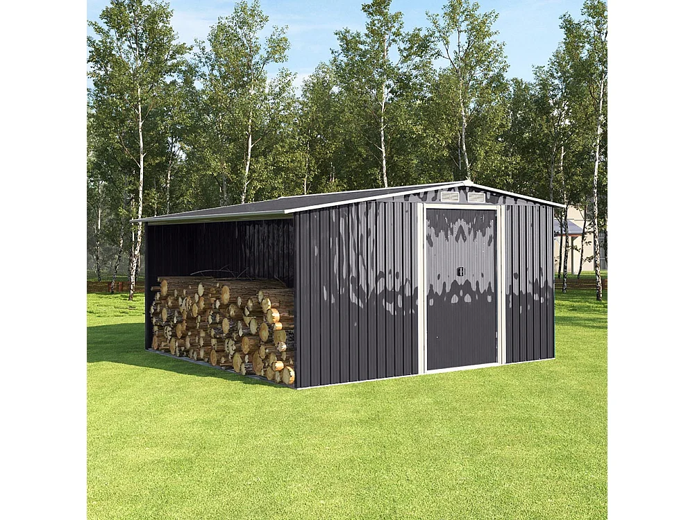 10.8 x 8.5ft Black Steel Garden Tool Shed with Log Storage