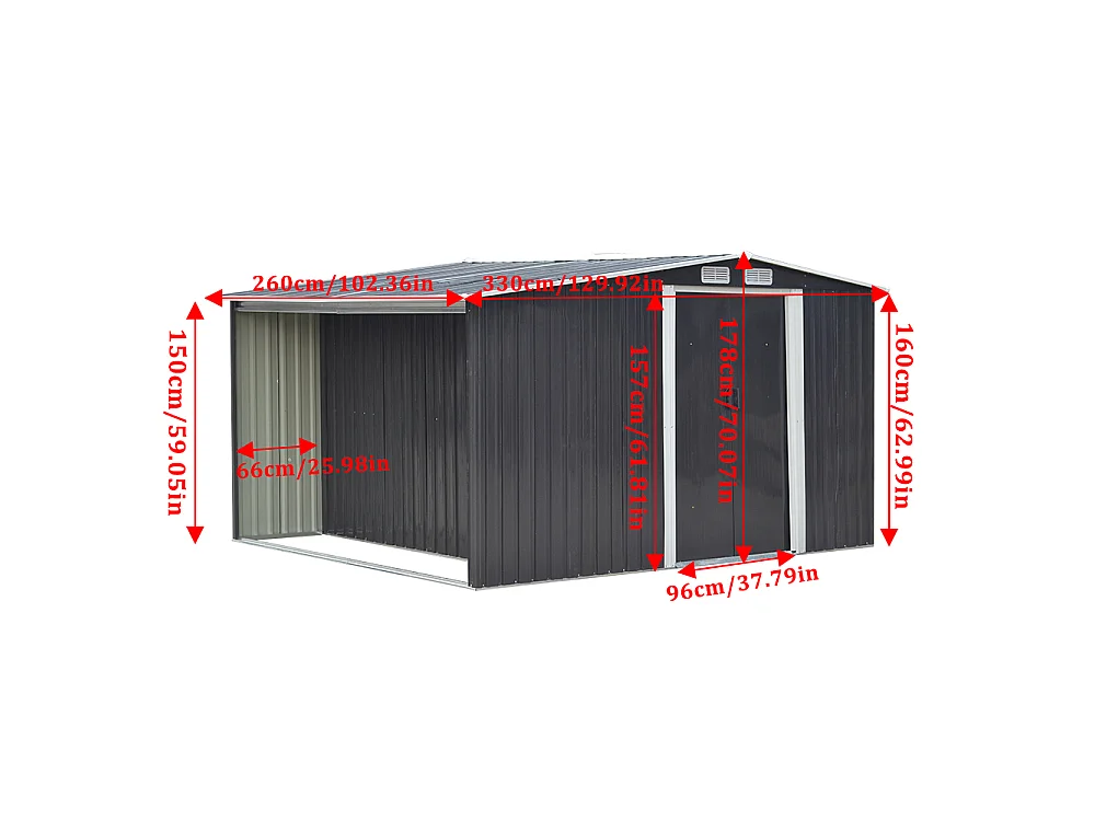 10.8 x 8.5ft Black Steel Garden Tool Shed with Log Storage