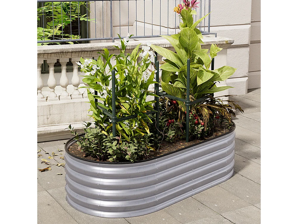 160x80x42cm Silver Galvanised Steel Oval Raised Garden Bed with Trellis