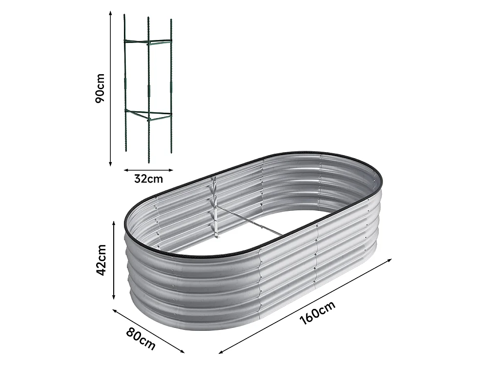 160x80x42cm Silver Galvanised Steel Oval Raised Garden Bed with Trellis