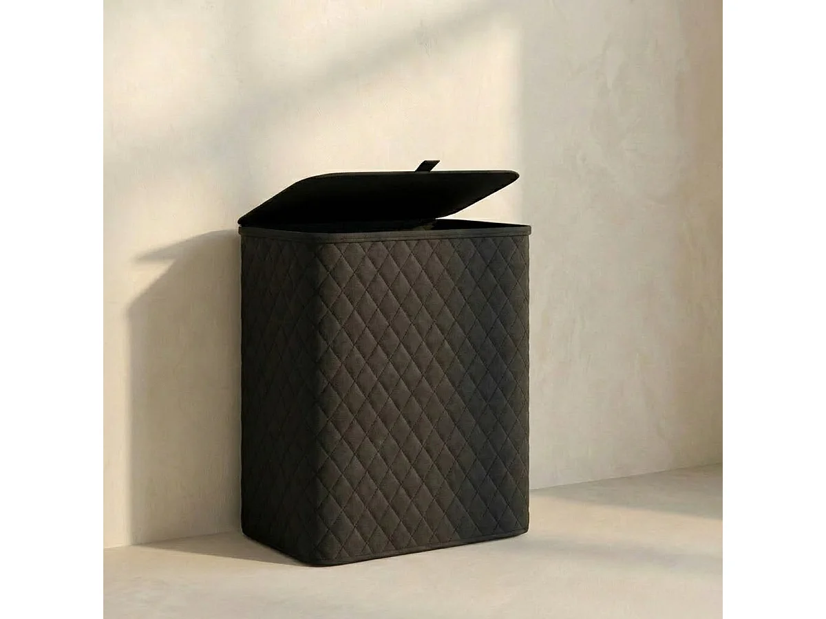 MAZAZU Panier à linge avec Couvercle & Sac Amovible - XXL 132 Litres - Diamond Stitch - Cadre en Bambou - Noir - 57x37x63 cm