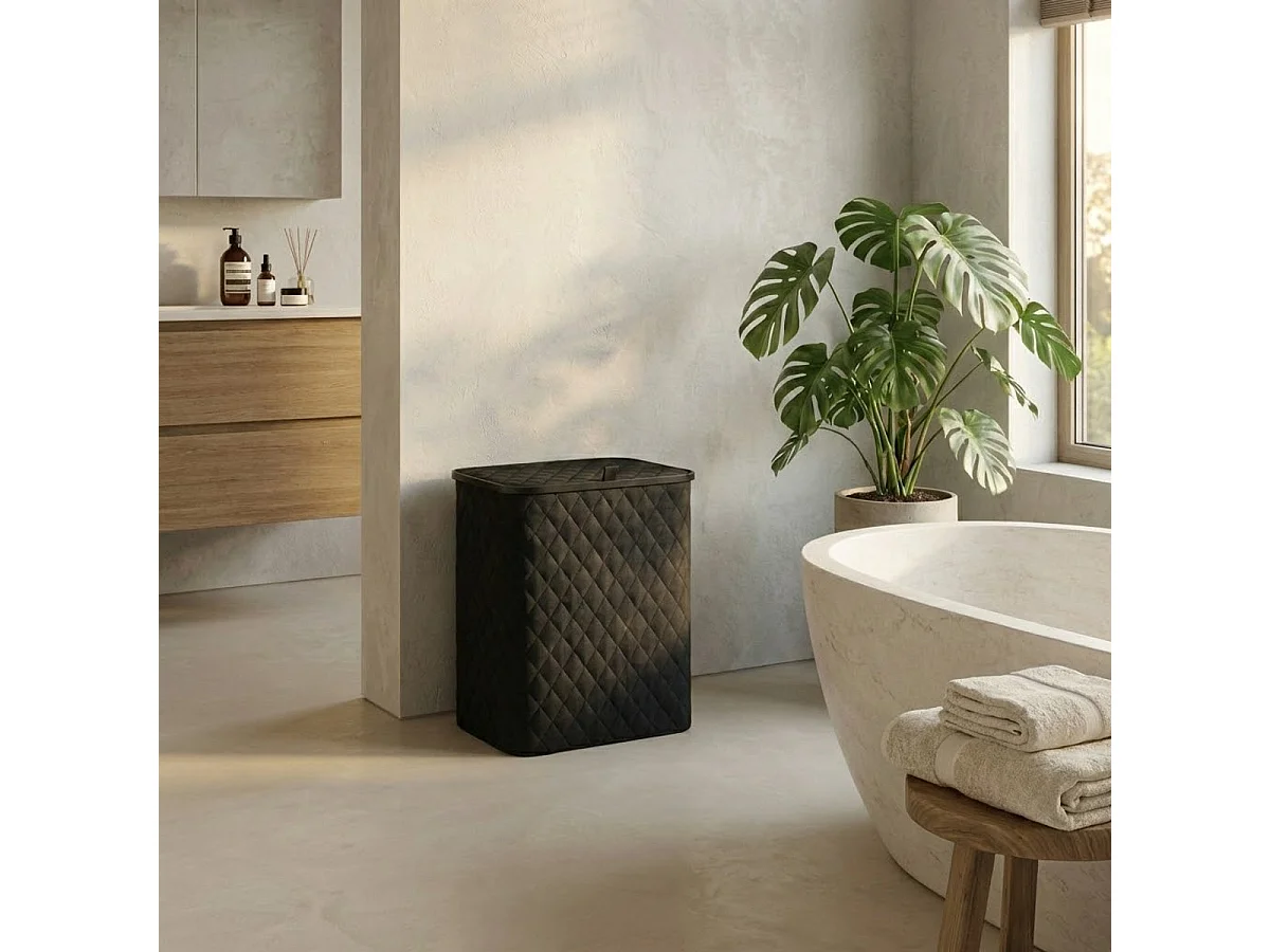 MAZAZU Panier à linge avec Couvercle & Sac Amovible - XXL 132 Litres - Diamond Stitch - Cadre en Bambou - Noir - 57x37x63 cm