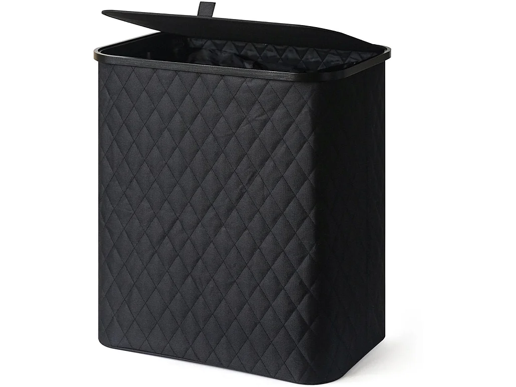 MAZAZU Panier à linge avec Couvercle & Sac Amovible - XXL 132 Litres - Diamond Stitch - Cadre en Bambou - Noir - 57x37x63 cm