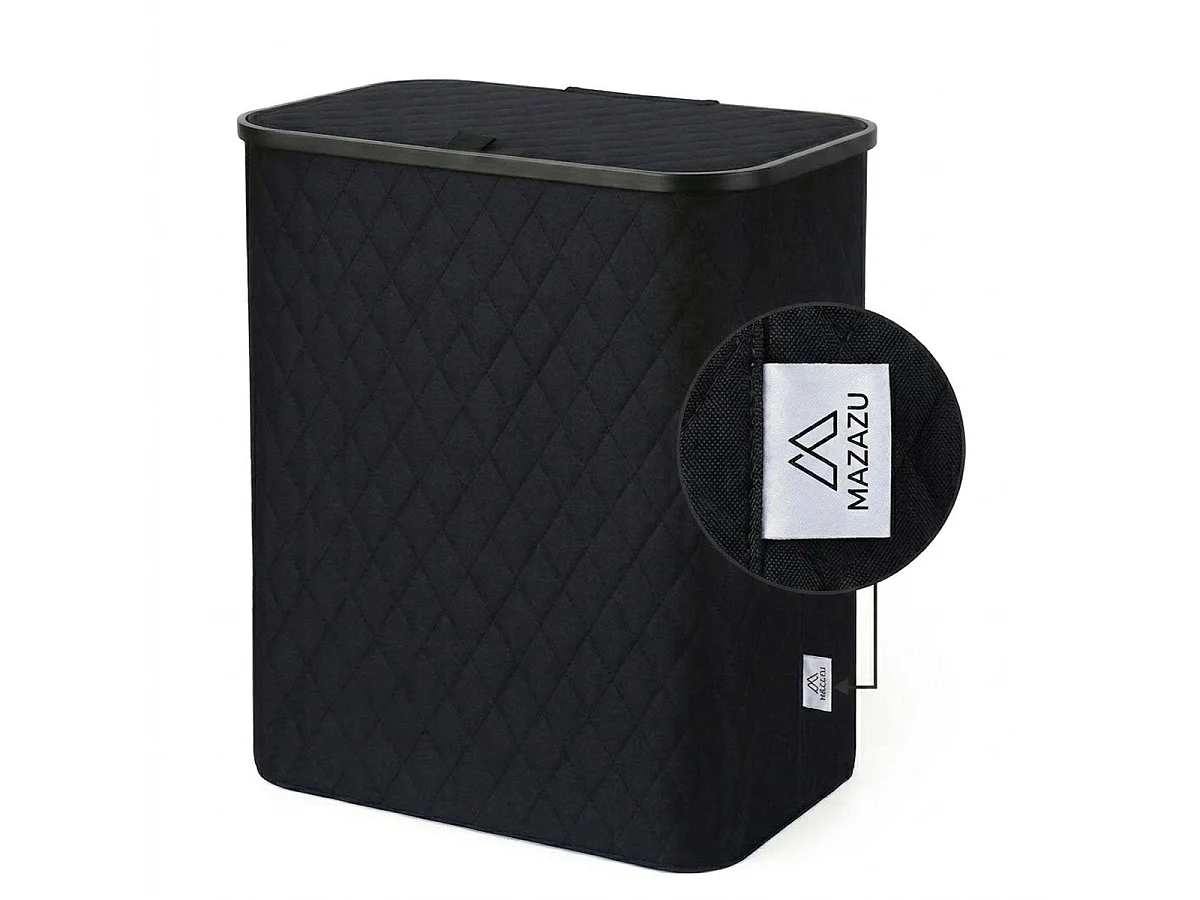 MAZAZU Panier à linge avec Couvercle & Sac Amovible - XXL 132 Litres - Diamond Stitch - Cadre en Bambou - Noir - 57x37x63 cm