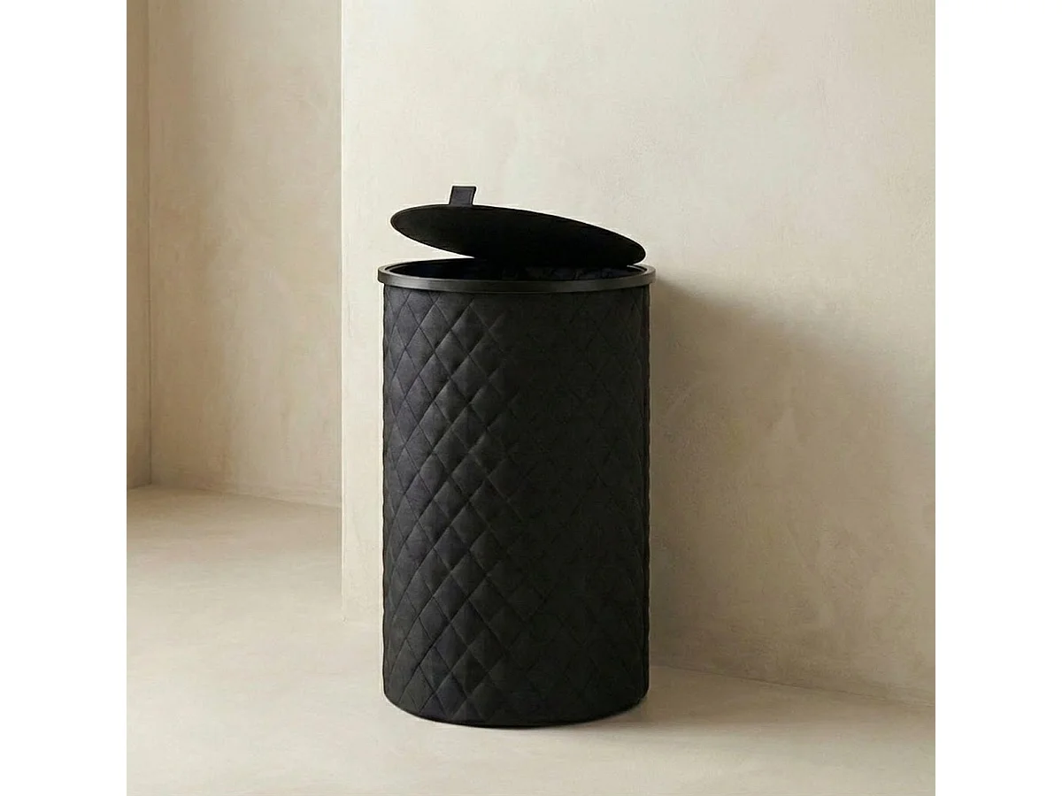 MAZAZU Panier à linge Rond - 99 Litres - Diamond Stitch - Noir - Avec Couvercle & Sac à Linge Amovible - Design Haut & Étroit - 38x69 cm