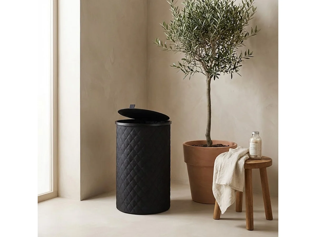 MAZAZU Panier à linge Rond - 99 Litres - Diamond Stitch - Noir - Avec Couvercle & Sac à Linge Amovible - Design Haut & Étroit - 38x69 cm