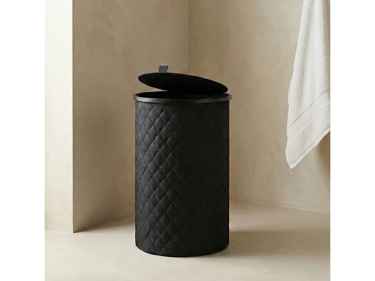 MAZAZU Panier à linge Rond - 99 Litres - Diamond Stitch - Noir - Avec Couvercle & Sac à Linge Amovible - Design Haut & Étroit - 38x69 cm