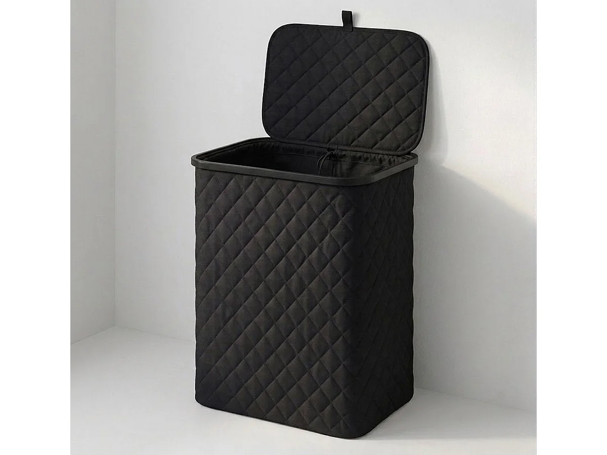 MAZAZU Panier à linge avec Couvercle - Diamond Stitch - 100 Litres - Sac Intérieur Amovible - Cadre en Bambou - Noir - Panier Pliable - 44x33x69 cm