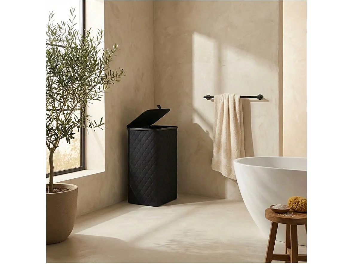 MAZAZU Panier à linge avec Couvercle - Diamond Stitch - 100 Litres - Sac Intérieur Amovible - Cadre en Bambou - Noir - Panier Pliable - 44x33x69 cm