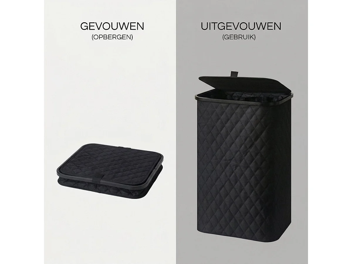 MAZAZU Panier à linge avec Couvercle - Diamond Stitch - 100 Litres - Sac Intérieur Amovible - Cadre en Bambou - Noir - Panier Pliable - 44x33x69 cm