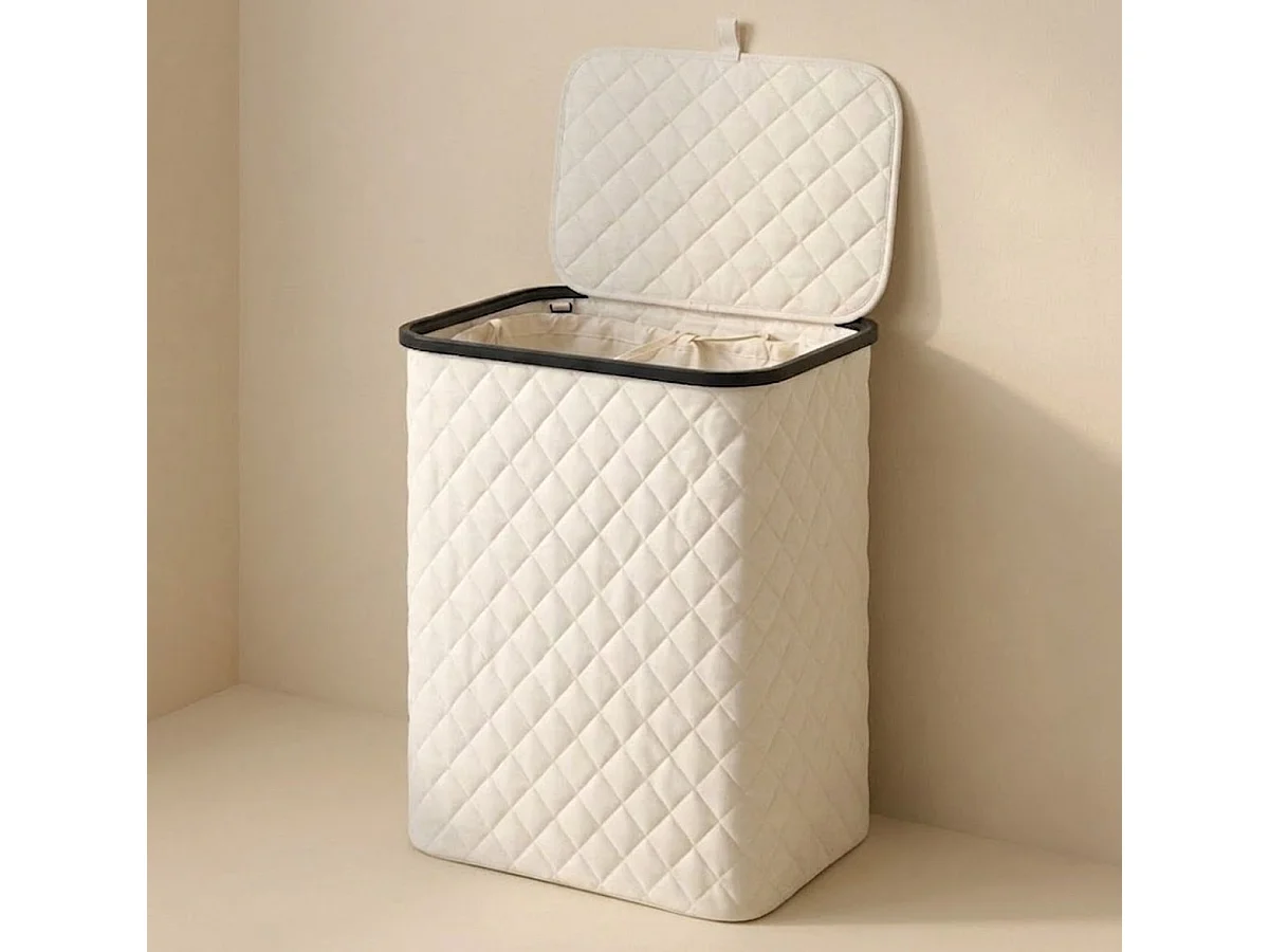 MAZAZU Panier à linge avec Couvercle - 100 Litres - Sac Intérieur Amovible - Cadre en Bambou - Blanc Crème - Panier Pliable - 44x33x69 cm